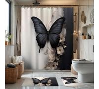 1/2/3/4 pièces Ensemble de rideau de douche thème papillon et fleur noir et blanc 3D, comprenant 12 crochets, tapis de bain, couvercle de toilette en forme de U, rideau de douche imperméable, décorati