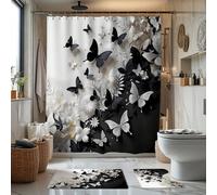 1/2/3/4 pièces Ensemble de rideaux de douche, tapis de bain, couvercle de toilette en forme de U, rideaux de fenêtre, thème floral et papillon 3D noir et blanc, accessoires de salle de bain modernes, 