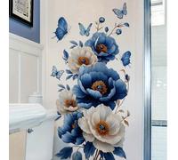 1-2 pièces Autocollants muraux de fleurs de pivoines bleues et blanches, papillons, autocollants imperméables, autocollants en PVC, faciles à appliquer et à enlever, convenant à la décoration de la ma