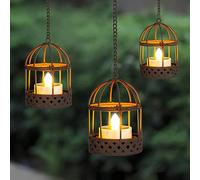 1/2 pièces Lanterne solaire suspendue, support de chandelle en cage d'oiseaux en fer rustique étanche à l'eau avec bougie solaire vacillante rechargeable. Lampe de lanterne pour arrière-cour, patio, j