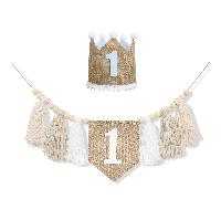 1/2pcs Guirlande de perles en bois et fil gris & blanc avec pompon, bannière pour chaise haute, décoration de fête de 1er anniversaire, ensemble chapeau + bannière, chapeau de fête de 1er anniversaire