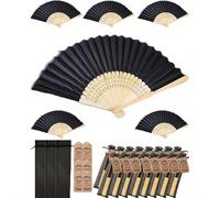 1/3/15/30 pièces Éventails pliables noirs élégants, incluant des étiquettes de cartes de remerciement et des sacs cadeaux, éventails à main en bambou pour la mariée, décoration de fête de mariage et d