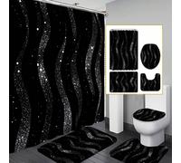 1/3/4 ensembles de rideaux de douche noirs et dorés à paillettes ondulés ; design de luxe, imperméable et durable, convient pour la décoration et les accessoires de salle de bain. Taille : 71"X71", co
