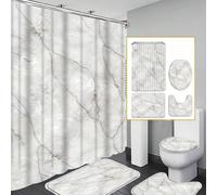 1/3/4 pièces Ensemble de salle de bain minimaliste gris & blanc en marbre naturel avec texture de pierre fissurée, comprend rideau de douche, tapis de toilette en forme de U, tapis de bain antidérapan