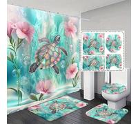1/4 Ensemble d'accessoires de salle de bain sirène et tortue, comprenant un rideau de douche, un tapis de sol, un tapis en U, un couvercle de siège de toilette et 12 crochets. Dimensions : 70,87 x 70,