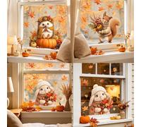 1/4 pièces Autocollants de fenêtre mignons d'animaux de la forêt d'automne, hérisson adorable, écureuil, lapin portant des chapeaux et écharpes tricotés, décorés de feuilles d'érable tombantes, citrou