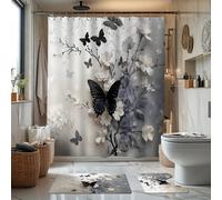 1/4 pièces Ensemble de salle de bain thème papillon noir et fleur blanche, comprenant rideau de douche, tapis de bain, housse de siège de toilette en forme de U, imperméable, style moderne, lavable en