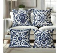 1/4 pièces Housses de coussin décoratif bohème bleu et blanc à motif floral, style moderne, imprimé sur un seul côté en polyester, fermeture à glissière, lavable en machine, housses de coussin décorat