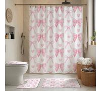 1/4 pièces Set de salle de bain rose avec cœur et nœud, comprenant rideau de douche, tapis de bain, housse de siège de toilette en U, housse de couvercle de toilette, imperméable, rideau de douche, ri