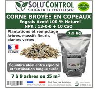 1,5 kg de Corne Broyée en Copeaux SoluControl - Engrais Azoté 100% Naturel - Fertilisation Équilibrée pour Arbustes, Haies et Massifs Fleuris - Utilisable en Agriculture Biologique