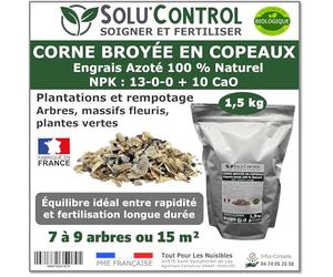 1,5 kg de Corne Broyée en Copeaux SoluControl - Engrais Azoté 100% Naturel - Fertilisation Équilibrée pour Arbustes, Haies et Massifs Fleuris - Utilisable en Agriculture Biologique