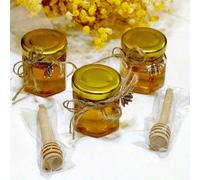 1,5 oz Mini pots en verre hexagonaux de miel - 1 set, 5 sets, 10 sets, 30 sets, pots en verre de miel avec cuillère en bois, couvercle doré, carte de remerciement et ficelle de jute, idéal pour baby s