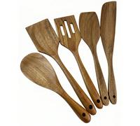 1/5 pièces Set d'ustensiles de cuisine en bois, comprenant une spatule de wok, des ustensiles de cuisine en bois naturel, une louche à soupe, une spatule à riz, une spatule de sauteuse en bois, un set