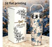 1/5 pièces Tasse de voyage réutilisable et étanche de 30 oz avec boîte cadeau, imprimé floral vintage bleu rose, poignée pliable et portable, couvercle anti-déversement avec paille à double sip, gobel