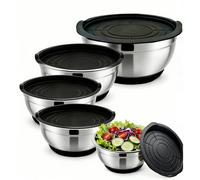 1/5 Set de bols à salade avec couvercle, bol de mélange en acier inoxydable, accessoires de cuisine, avec base en silicone et tapis antidérapant, convient pour le stockage des aliments, la préparation