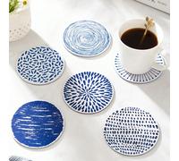 1/6/12pcs Dessous de verre en bois avec imprimé géométrique abstrait bleu et blanc, dessous de tasse en bois rond avec art de ligne bohème minimaliste, dessous de verre antidérapants pour la décoratio
