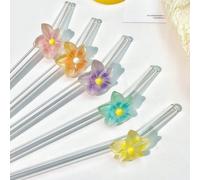 1/6 pièces Ensemble de pailles en verre dégradé lys, 5 pailles transparentes courbées réutilisables + 1 brosse de nettoyage | Convient pour les smoothies, les cocktails, les boissons d'été, les fêtes 