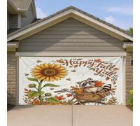 1,8 x 4 m Aquarelle Automne Raton Laveur Porte de Garage Bannière Couverture Couverture Fun Automne Vélo Tournesol Imprimé Décoration Murale Intérieur Extérieur Décoration Vacances Photographie Fond