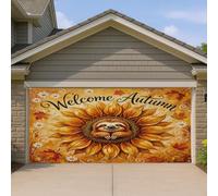 1,8 x 4 m Peinture à l'huile Paresseux d'automne Bannière Couverture de porte de garage Couverture Fun Autumn Tournesol Feuille d'érable Porche Décoration murale Intérieur Extérieur Photo Photo Fond