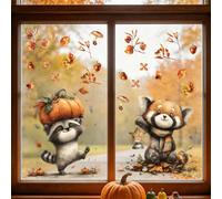 1/9 pièces Autocollants de fenêtre à thème automnal avec animaux de forêt mignons, sans colle, PVC à adsorption électrostatique visible des deux côtés, créant une décoration d'automne chaleureuse pour