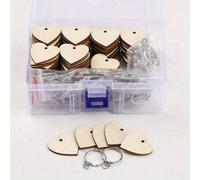 1 boîte 150/300 pièces Ensemble de pendentifs de porte-clés en bois en forme de cœur DIY, porte-clés en bois naturel vierges avec anneaux assortis ; pièces de bois rectangulaires pour poignées de port