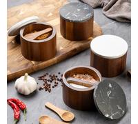 1 boîte à sel et épices en bois massif avec cuillère, boîte à assaisonnements de cuisine avec couvercle en marbre, boîte de rangement anti-humidité pour MSG 1PC