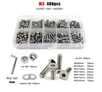 1 Boîte de vis à tête fraisée hexagonale en acier inoxydable 304 M1.6 M2 M2.5 M3 M4 M5 M6, kit d'assortiment de vis et d'écrous Allen M3 480pcs