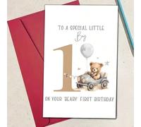 1 Carte d'anniversaire de premier anniversaire mignonne avec un ours en peluche et un ballon pour le fils, petit-fils, neveu - Cadeau unique et mignon - Prêt pour l'anniversaire/la Saint-Valentin, san