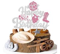 1 décoration de gâteau cowgirl Happy Birthday à paillettes Western Cowgirl Décoration de gâteau Chapeau Bottes Disco Décoration de gâteau pour Western Cowgirl Rodéo Thème fille Anniversaire Fête