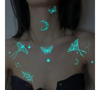 1 feuille de grands autocollants de tatouage corporel temporaire originaux, lumineux bleu et encre blanche qui brillent dans le noir. Style magique avec motifs de papillon, constellation, lune et flor