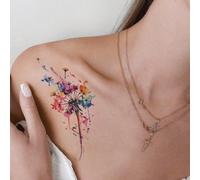 1 feuille de petite taille Autocollants de tatouage temporaire pour hommes et femmes, motif de pissenlit aquarelle, style jet d'encre mignon en couleur, tatouage factice imperméable, dure 2-5 jours, c