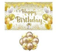 1 Morceau De Tissu De Fond De Bannière De Joyeux Anniversaire De 180 * 110 Cm Avec 10 Ballons à Paillettes Dorées, Décorations De Fête, Drapeau Suspendu De Décoration D'atmosphère De Célébration (Or)