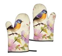 1 paire de gants de cuisine antidérapants pour barbecue et maniques imprimés oiseaux et fleurs