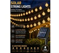 1-PC Guirlande Solaire Extérieure 39.4 Pieds/23 Pieds/16.4 Pieds, 100 LED/50 LED/20 LED Guirlande Solaire Étanche, 8 Modes Lumière Boule de Cristal, Guirlande Solaire Convient pour Jardin, Pelouse, Po