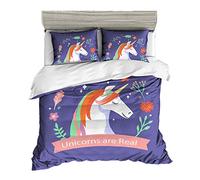1 Personne Licorne Floral Literie 2 Pièces Fleur Fille Parures de Lit Licorne Rose Noir Bleu Mignonne Housse de Couette pour Enfants Bambin (Licorne-Bleu Contexte)