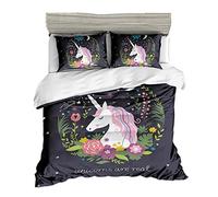 1 Personne Licorne Floral Literie 2 Pièces Fleur Fille Parures de Lit Licorne Rose Noir Bleu Mignonne Housse de Couette pour Enfants Bambin (Licorne-Noir Contexte)