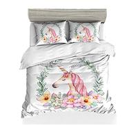 1 Personne Licorne Floral Literie 2 Pièces Fleur Fille Parures de Lit Licorne Rose Noir Bleu Mignonne Housse de Couette pour Enfants Bambin (Licorne-Blanc Contexte)