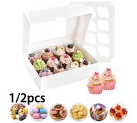 1 pièce/2 pièces Boîte à cupcakes avec fenêtre, contient 12 cupcakes, boîte à pâtisserie 12 compartiments, contenant à cupcakes, convient pour anniversaire, fête de vacances, fournitures de pâtisserie
