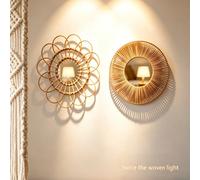 1 pièce/2 pièces Ensemble de miroir mural rond en rotin tressé fait main de style bohème avec tournesol, miroir mural en verre de bambou tressé, facile à installer, convient à toutes les saisons, miro