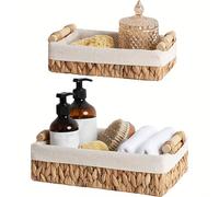 1 pièce/2 pièces Ensemble de paniers en osier de jacinthe d'eau faits à la main, bacs de rangement de salle de bain rustiques doublés avec poignées en bois, paniers organisateurs de décoration polyval