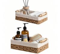 1 pièce/2 pièces Ensemble de paniers en osier de jacinthe d'eau faits à la main, bacs de rangement de salle de bain rustiques doublés avec poignées en bois, paniers organisateurs de décoration polyval