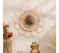 1 pièce/2 pièces Miroir mural rond en rotin tressé fait main de style bohème avec tournesol, miroir mural en verre tressé de bambou, facile à installer, convient à toutes les saisons, miroir de vanité