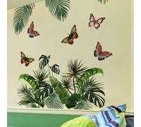 1 pièce/2 pièces, Multi-taille, Autocollant mural décoratif de plante verte d'été, Feuilles vertes, arbre et oiseau, Grappe de grandes feuilles tropicales et papillon, Feuille d'aiguille, Bambou à car