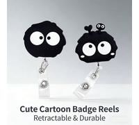 1 pièce/2 pièces Porte-badge rétractable mignon en forme de boule de charbon noir de dessin animé avec clip métallique, cordon détachable de 24 pouces, crochet rotatif à 360°, corde en nylon durable, 