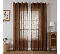 1 pièce/2 pièces Rideau transparent, léger et doux avec motif de vigne marron. Conception à trous ronds pour chambre à coucher/salon. Rideau transparent durable avec motif de feuille d'argent 102"L x 