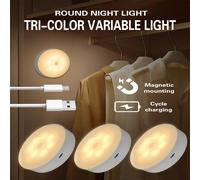 1 pièce/3 pièces/6 pièces Veilleuse à bouton LED, 3 modes Lumière murale rechargeable USB avec base magnétique, lampe de nuit ronde portable à intensité variable pour la décoration de la chambre (250 