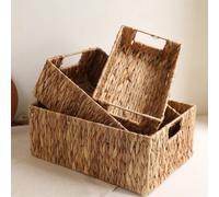 1 pièce/3 pièces Ensemble de paniers en osier de jacinthe d'eau, panier de rangement de salle de bain rustique, panier à linge, panier porte-papier toilette avec poignée en bois, panier de rangement d