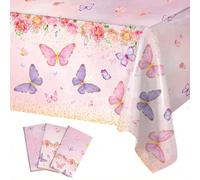 1 pièce/3 pièces Nappe en plastique jetable rose de 220 x 130 cm avec motifs de papillons et fleurs, pour fête à thème, anniversaire, table. Imperméable et facile à nettoyer, convient pour la rentrée 