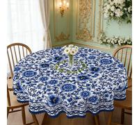 1 pièce/36 pièces Nappe vintage à fleurs bleues résistante aux plis, bord gaufré, rectangulaire/ronde, plusieurs tailles disponibles, en fibre de polyester, pour usage intérieur/extérieur Table rectan
