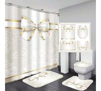 1 pièce/4 pièces Set de rideau de salle de bain et tapis avec nœud en platine, avec 12 crochets, rideau de douche en tissu de polyester, tapis de bain antidérapant, tapis de toilette en U, abattant de